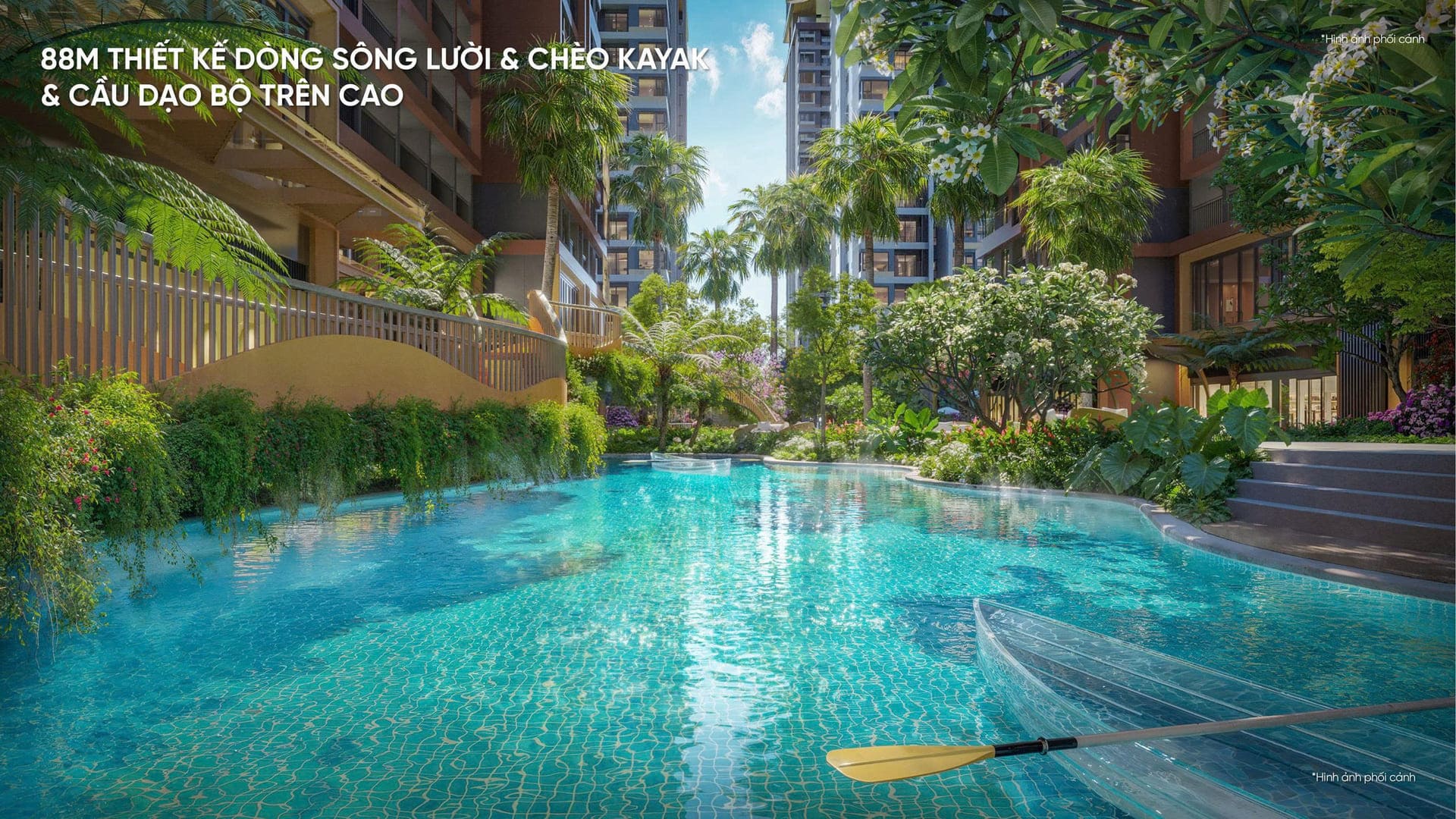 Hồ bơi thiết kế đường lượn sóng và cầu đảo bộ tiện ích dự án Monrei Saigon